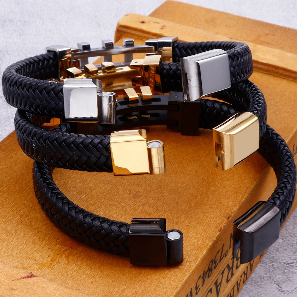 Rope Chain Wrap Leather Bracelet for Man Polished Stainless Steel Men's Charm Bracelets Handmade Male Jewelry Wrist On