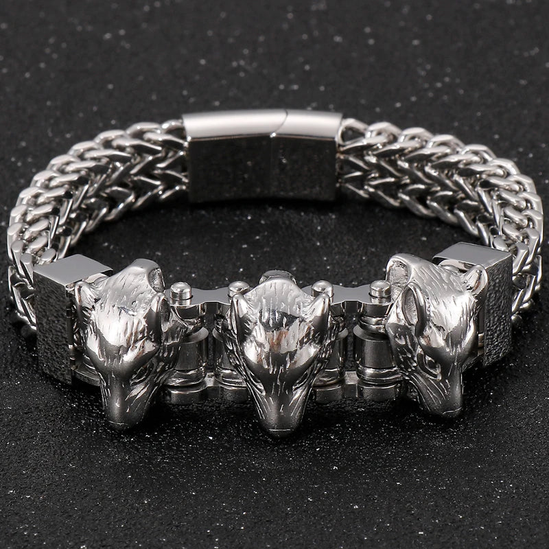 Gold Color Stainless Steel Chain Bracelet for Man Punk Gothic Skull Wristband With Magnetic Clasp Animal Head Homme