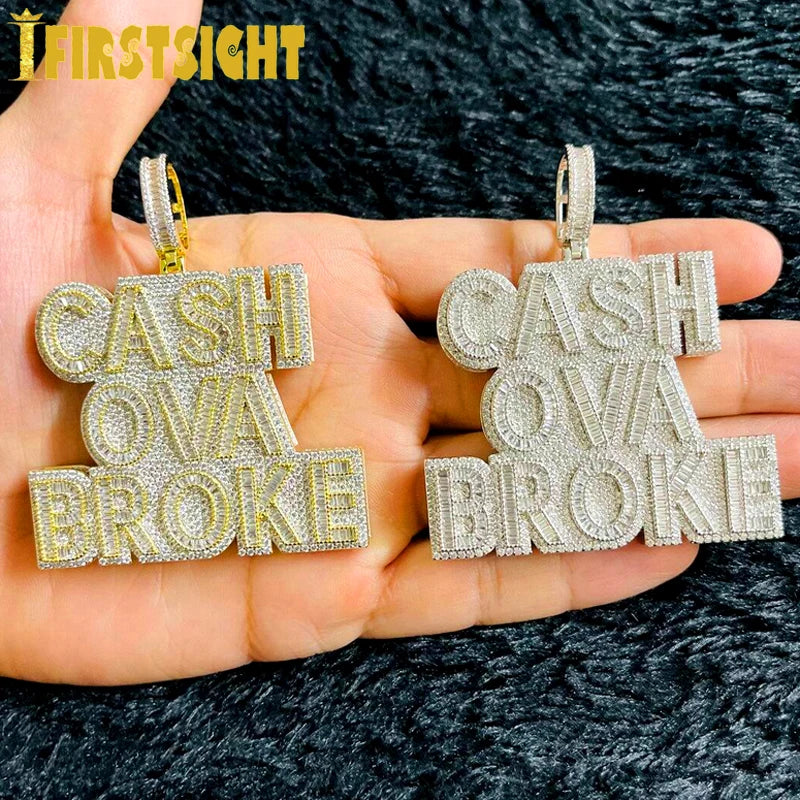 New Cash Ova Broke Pendant Necklace Hiphop Rock Iced Out Bling 5A Zircon Silver Color Cz Tennis Chain Letter Charm Men
