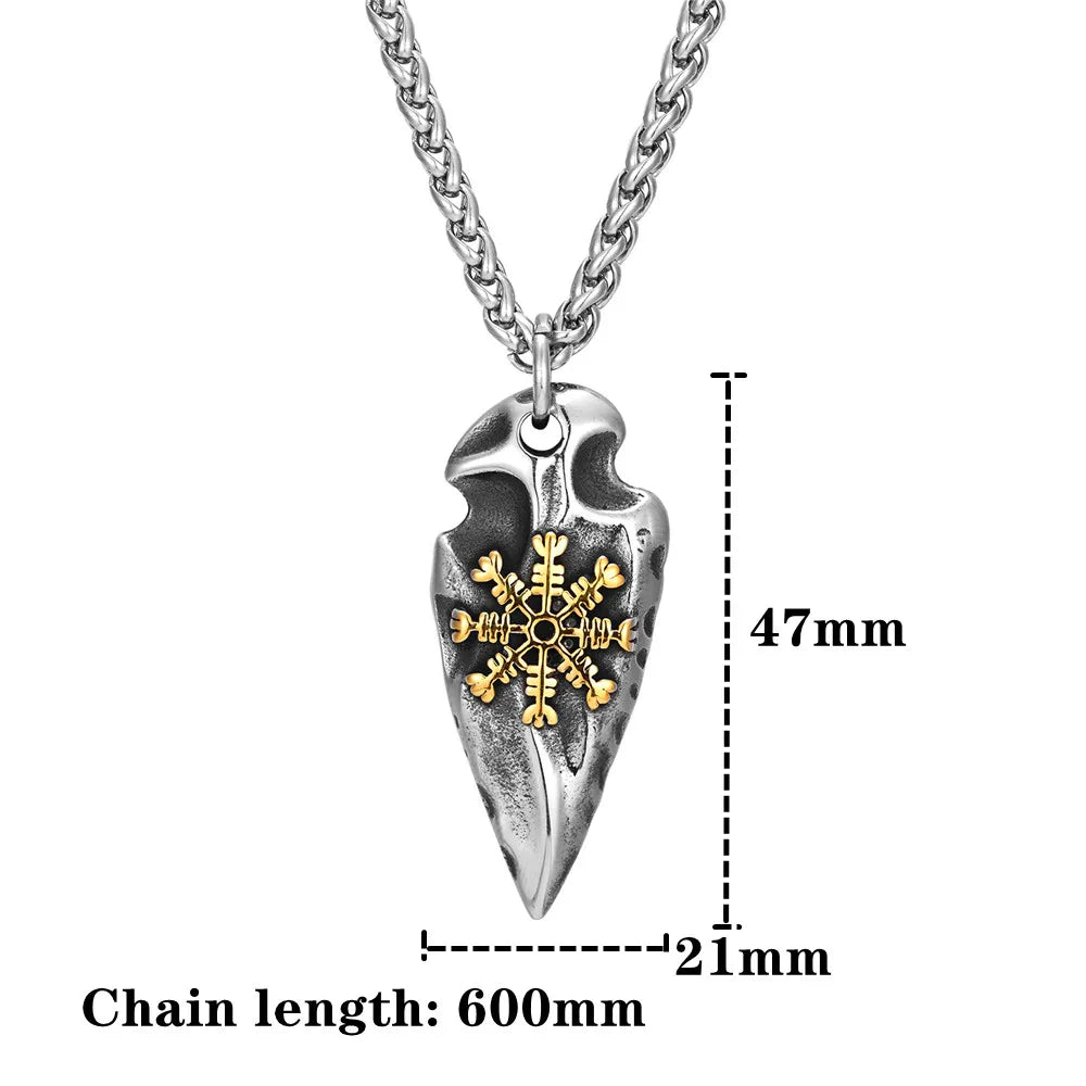 Viking Rune Shield Necklace Men Gold Color Antique Steel Norse Spear Trident Amulet Self-defense Pendant Never Fade