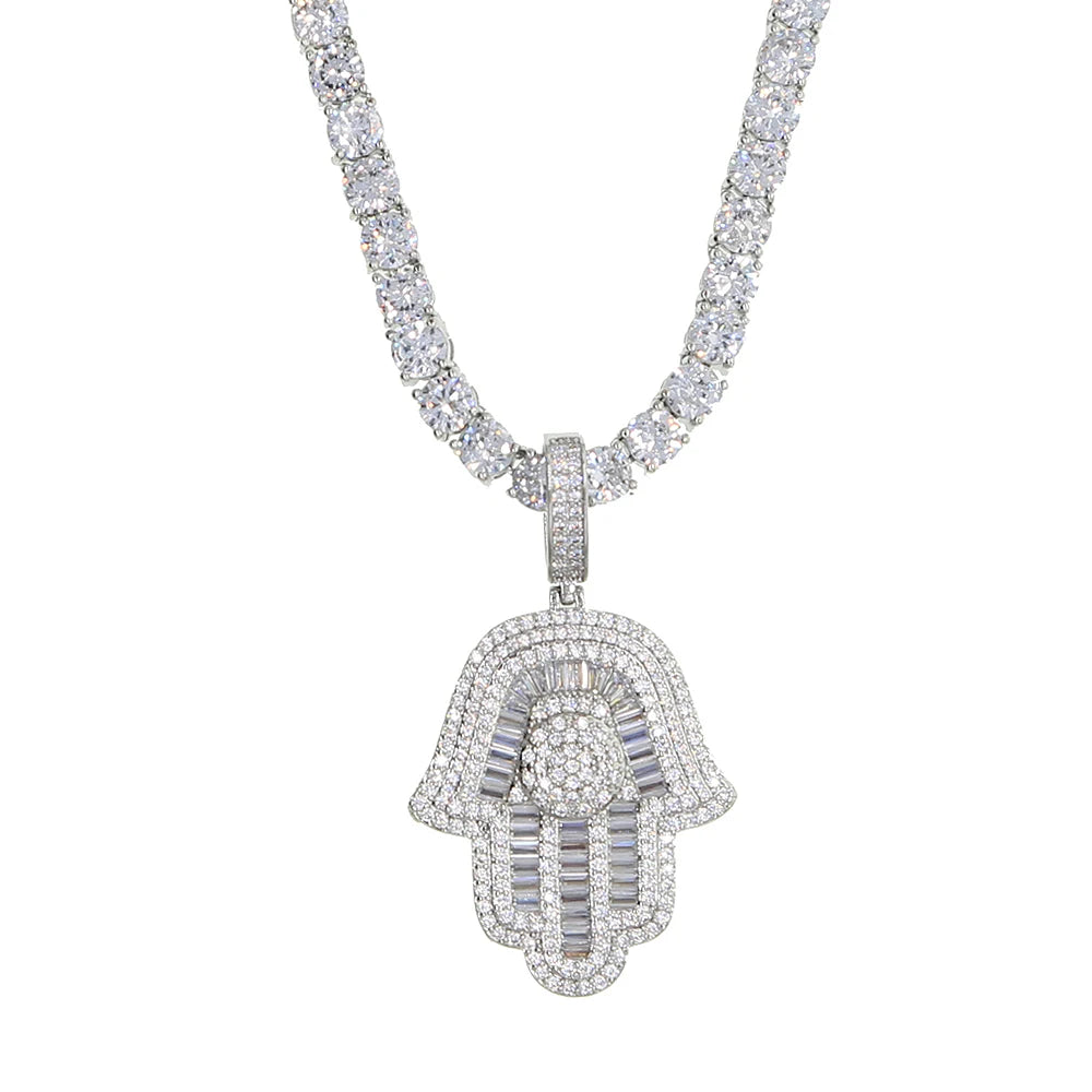 New Hamsa Hand Pendant Necklace 5mm Tennis Chain Hip Hop Iced Out Cubic Zirconia Sliver Color 5A CZ Stone Charm Jewelry