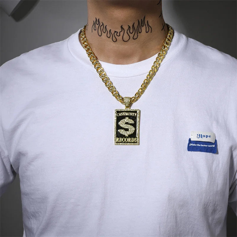 Goth Dollar Sign 'Cash Money Records' Iced out Pendant Necklace with Cuban Chain Hip Hop Jewelry for Street Style Rapper Gift