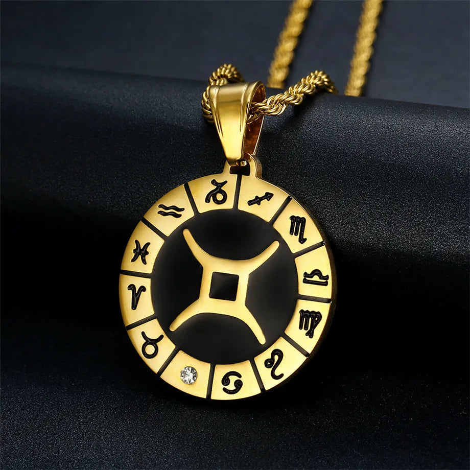 Zodiac Sign Leo Scorpio Pendant Gold Color Stainless Steel 12 Constellations Round Necklace for Women Men Jewelry Birthday Gifts
