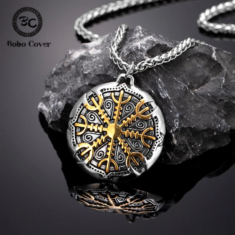 Never Fade Norse Compass Gold Color Necklace Men Vikings Runes Stainless Steel Trident Vegvisir Amulet Pendant