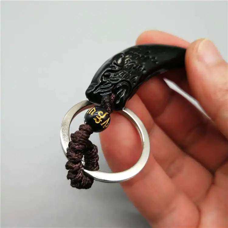 Obsidian Wolf Head Keychain — Stainless Steel