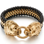 Viking Jewelry Stainless Steel Lion Head Charm Bracelet for Man Cowhide Leather Homme Armbanden Cool Punk Men's Cuff