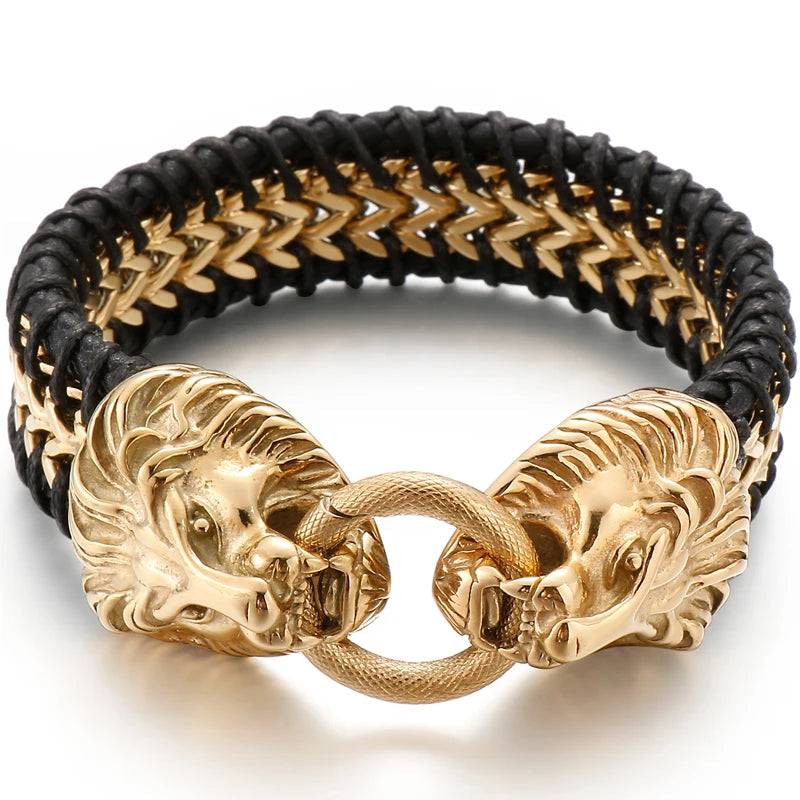 Viking Jewelry Stainless Steel Lion Head Charm Bracelet for Man Cowhide Leather Homme Armbanden Cool Punk Men's Cuff