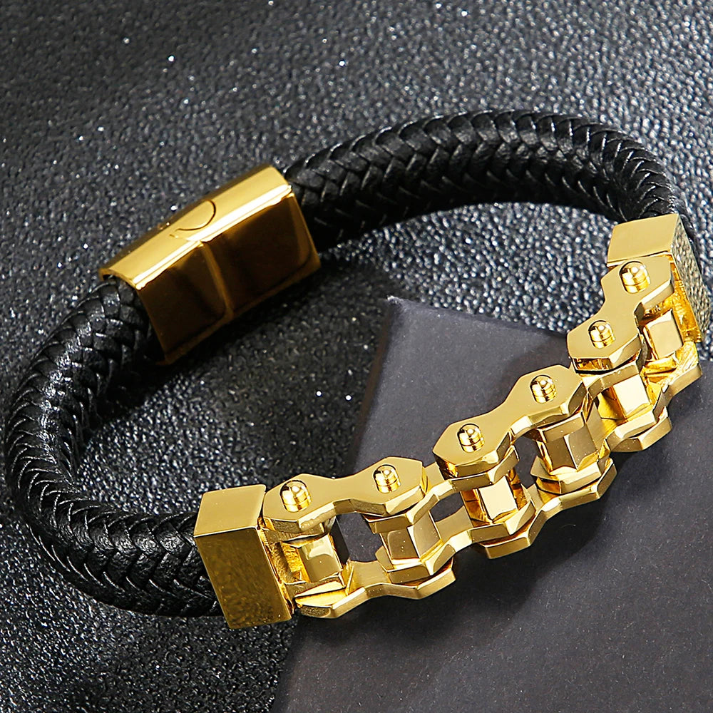 Stainless Steel Bikers Motorcycle Bike Chain Man Bracelet for Men Braided Leather Cuff Wrap Wristband Bangle With