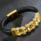 Stainless Steel Bikers Motorcycle Bike Chain Man Bracelet for Men Braided Leather Cuff Wrap Wristband Bangle With