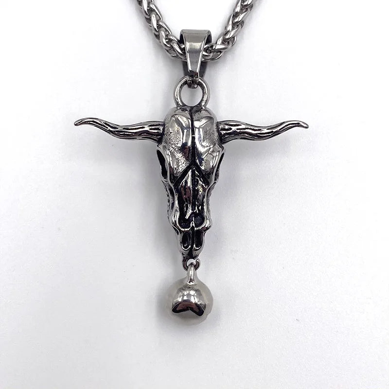 Bull Skull Bell Pendant Necklace — Stainless Steel