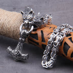 Wolf Head Thor Hammer Pendant — Stainless Steel