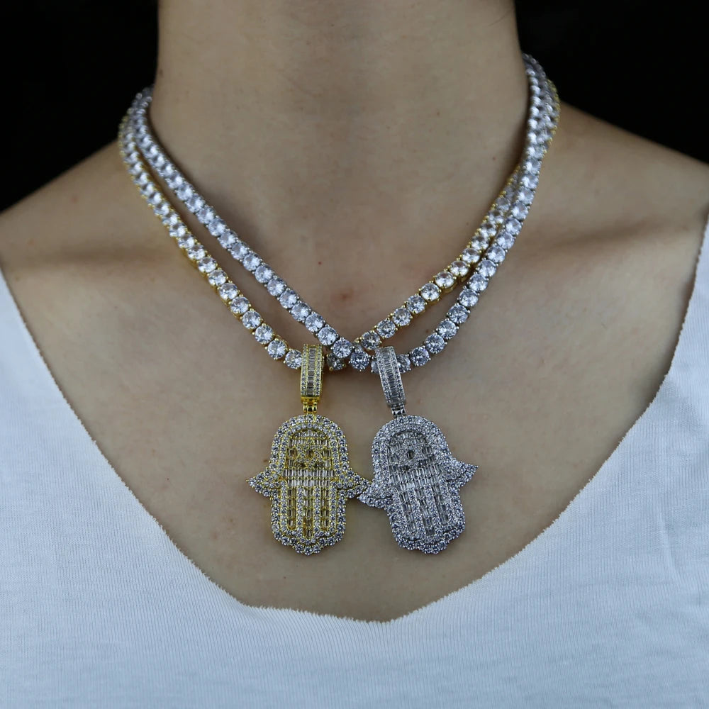 Iced Out Hamsa Hand Pendant Necklace Micro Pave Cubic Zirconia For Women Bling 5A CZ Box Chain Hip hop Boy Men Jewelry