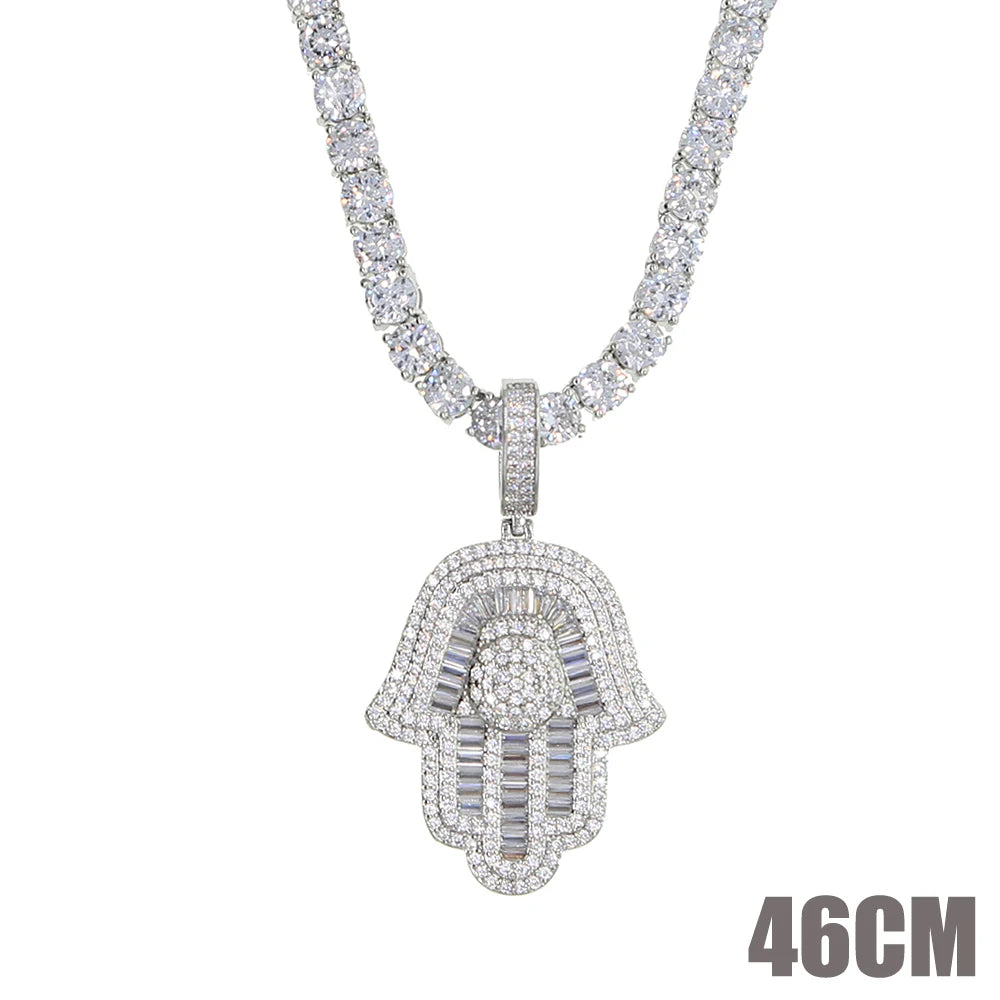 New Hamsa Hand Pendant Necklace 5mm Tennis Chain Hip Hop Iced Out Cubic Zirconia Sliver Color 5A CZ Stone Charm Jewelry