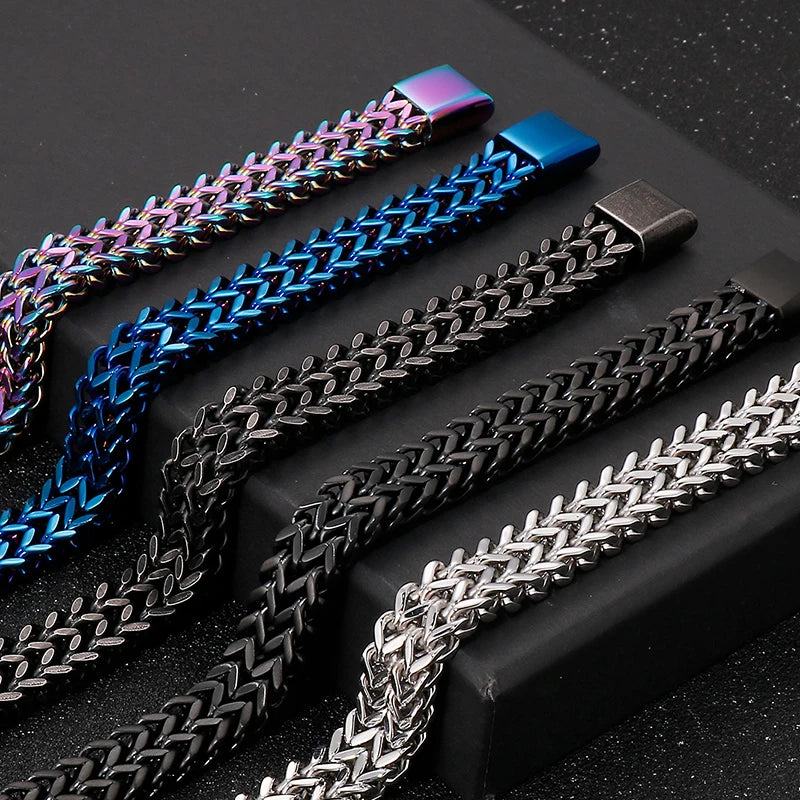 Mens 12MM Width Double Row Chain Wrist Bracelets 6 Color Stainless Steel Bracelet for Man Handles With Magnet Clasp