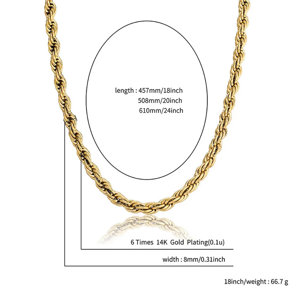 TOPGRILLZ 8MM Stainless Steel Rope Chain Necklace 18"20"24"  Gold Color Necklace Hip Hop Fashion Jewelry For Men Party