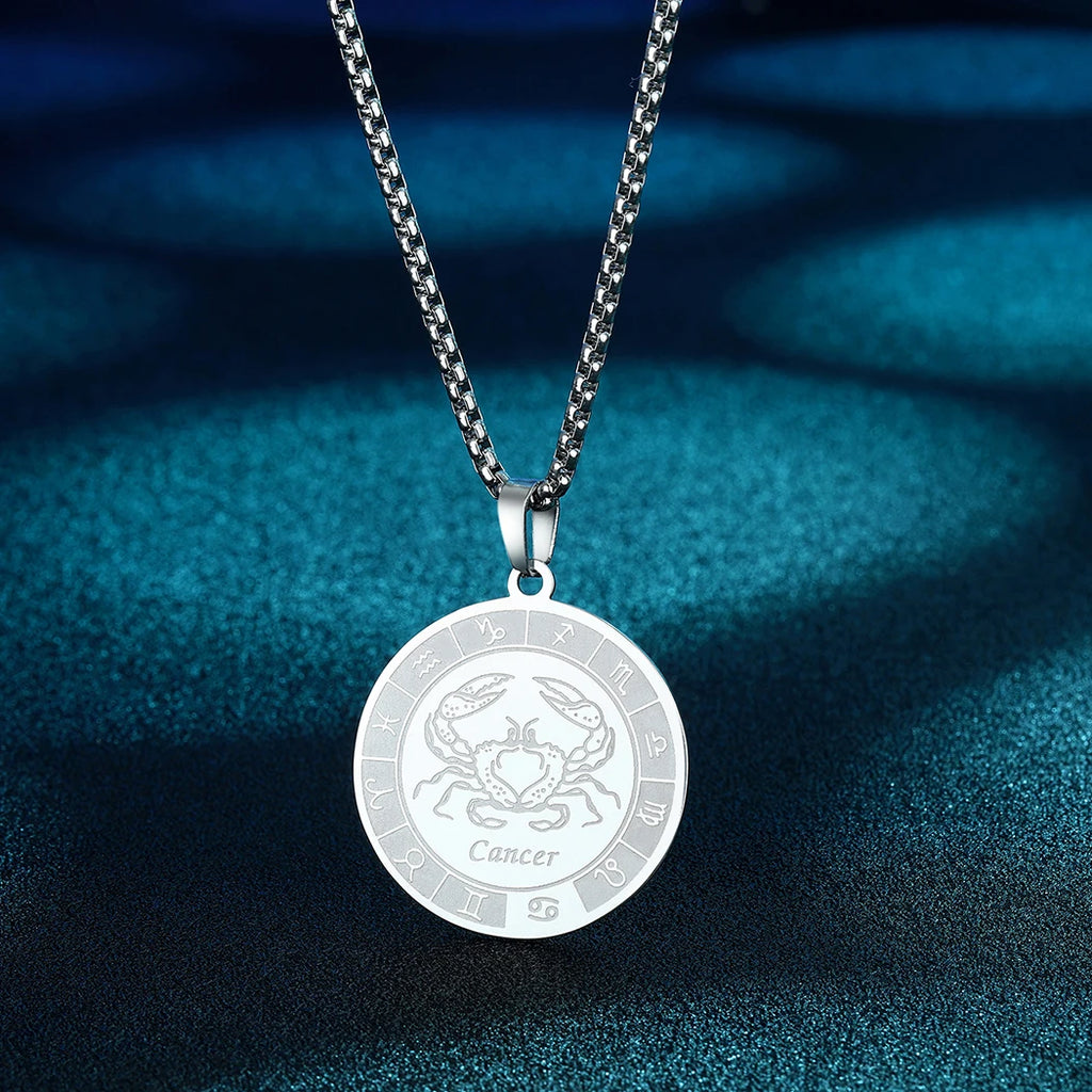 Kinitial Stainless Steel Cancer Zodiac Necklace Pendant for Women Girls Twelve Constellation Chocker Necklaces Jewelry Gift