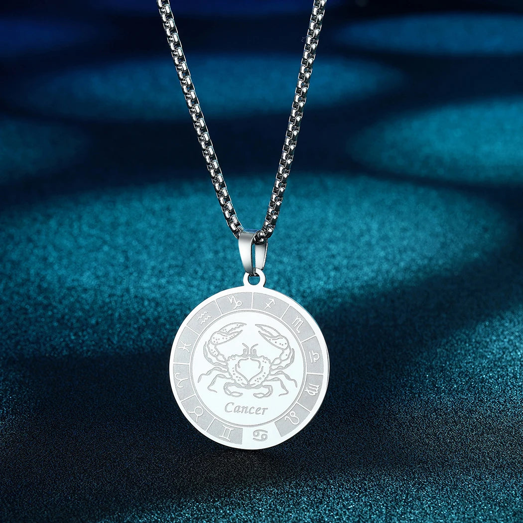 Kinitial Stainless Steel Cancer Zodiac Necklace Pendant for Women Girls Twelve Constellation Chocker Necklaces Jewelry Gift