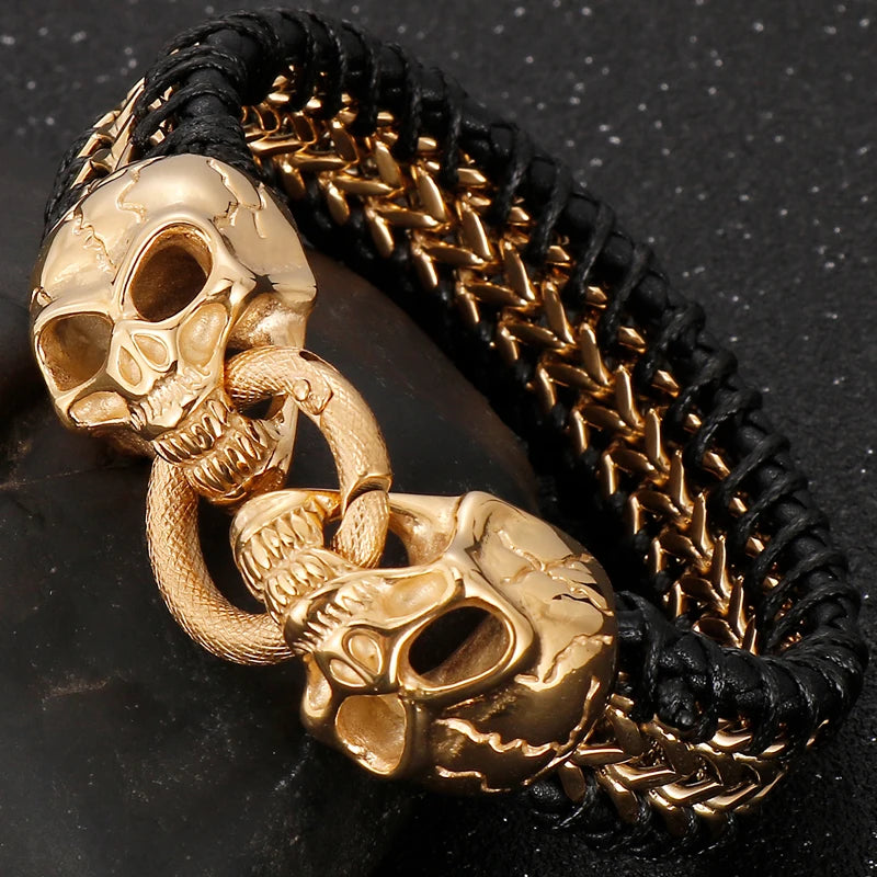 Gothic Skull Head Men's Bracelets Cowhide Leather & Stainless Steel Wristband Man Viking Homme Armband Hand Chain Male