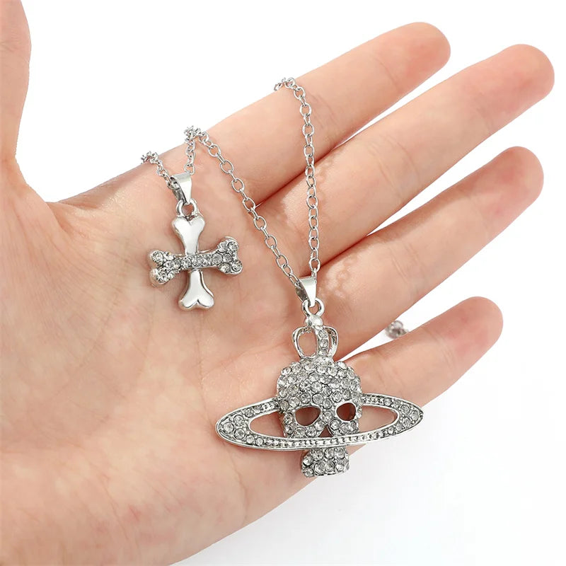 Gothic Halloween Necklace Inlaid Rhinestone Skull Saturn Pendant Double Chain Necklace Trend Men's and Women's Jewelry