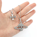 Gothic Halloween Necklace Inlaid Rhinestone Skull Saturn Pendant Double Chain Necklace Trend Men's and Women's Jewelry