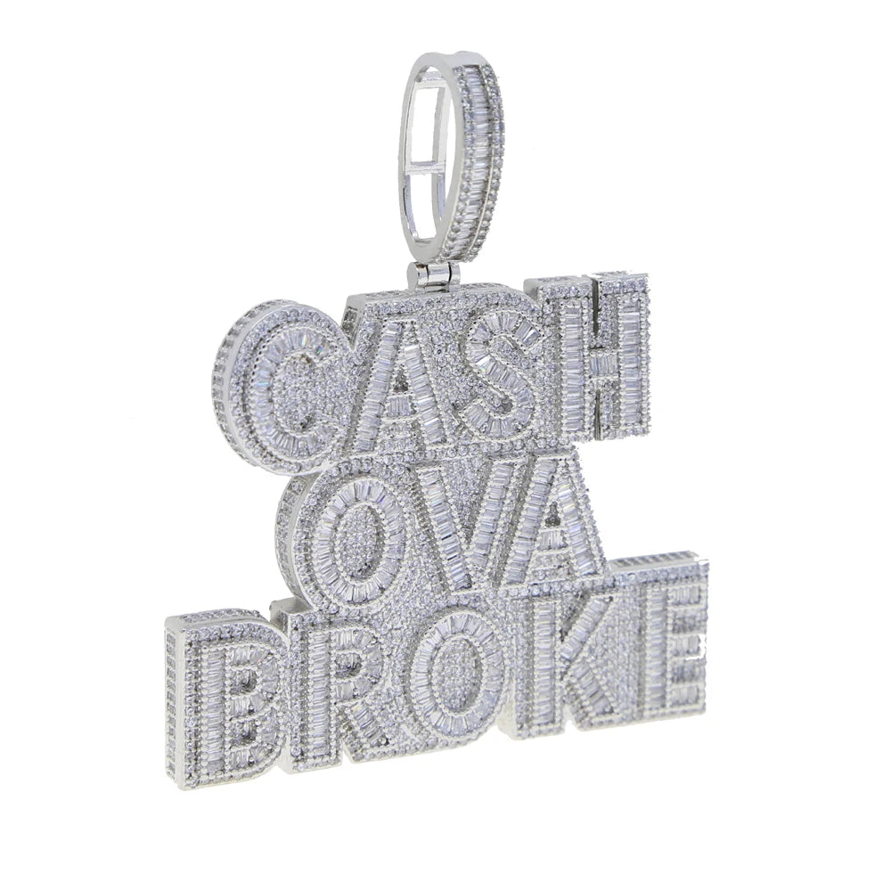 New Cash Ova Broke Pendant Necklace Hiphop Rock Iced Out Bling 5A Zircon Silver Color Cz Tennis Chain Letter Charm Men