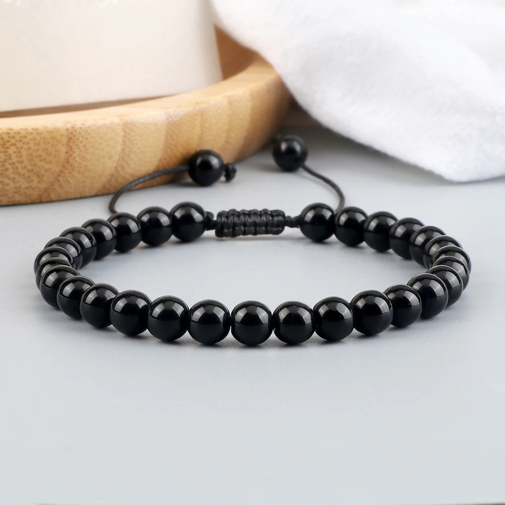 Beaded Bracelet 4 6 8mm Natural Stone Shiny Black Onyx Beads Bracelets & Bangles Adjustable Size Obsidian Wrist Jewelry