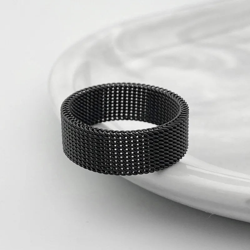 Hot sale width 8MM stainless steel gold black color mesh finger ring fashion jewelry for men and women Size 7-10# drop