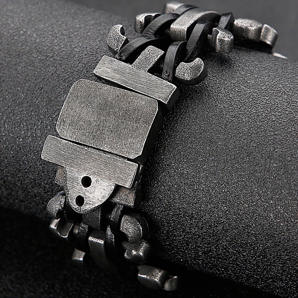 Handmade Leather Braided Bracelet With Belt Buckle Stainless Steel Boys Bracelets Men's Bike Jewellery Accessories Cuff