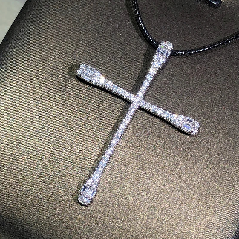 925 sterling silver classic fashion cross pendant necklace ladies white zircon party birthday sweater chain jewelry