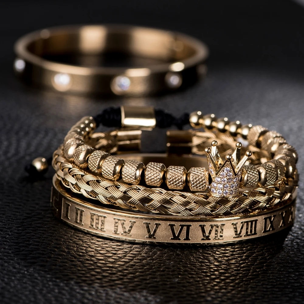 Luxury Micro Pave CZ Crown Roman Royal Charm Men Bracelets Stainless Steel Crystals Bangles Couple Jewelry Gift