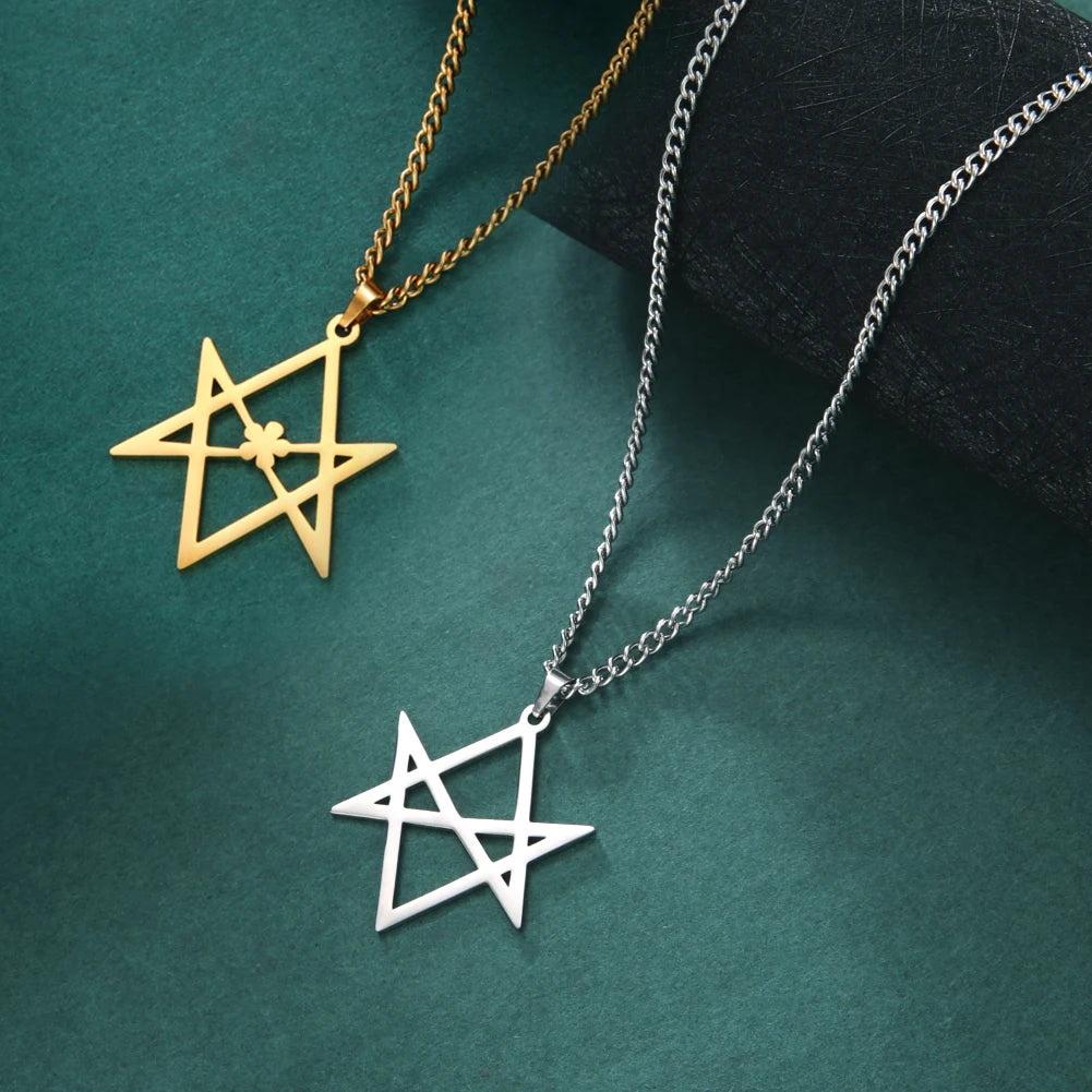 Thelema Unicursal Hexagonal Symbol Men's Stainless Steel Necklace Vintage Simple Pendant Religious Talisman Emblem