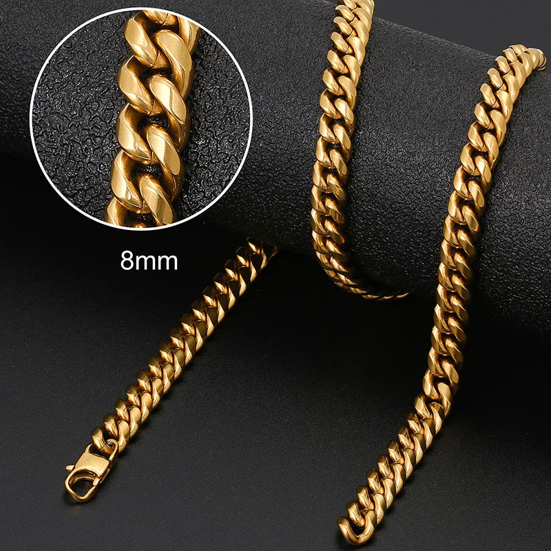 8mm 6mm Classic Cuban Chain Stainless Steel Necklace For Men's Women Chains Around The Neck Gold Silver Color Necklace Gift