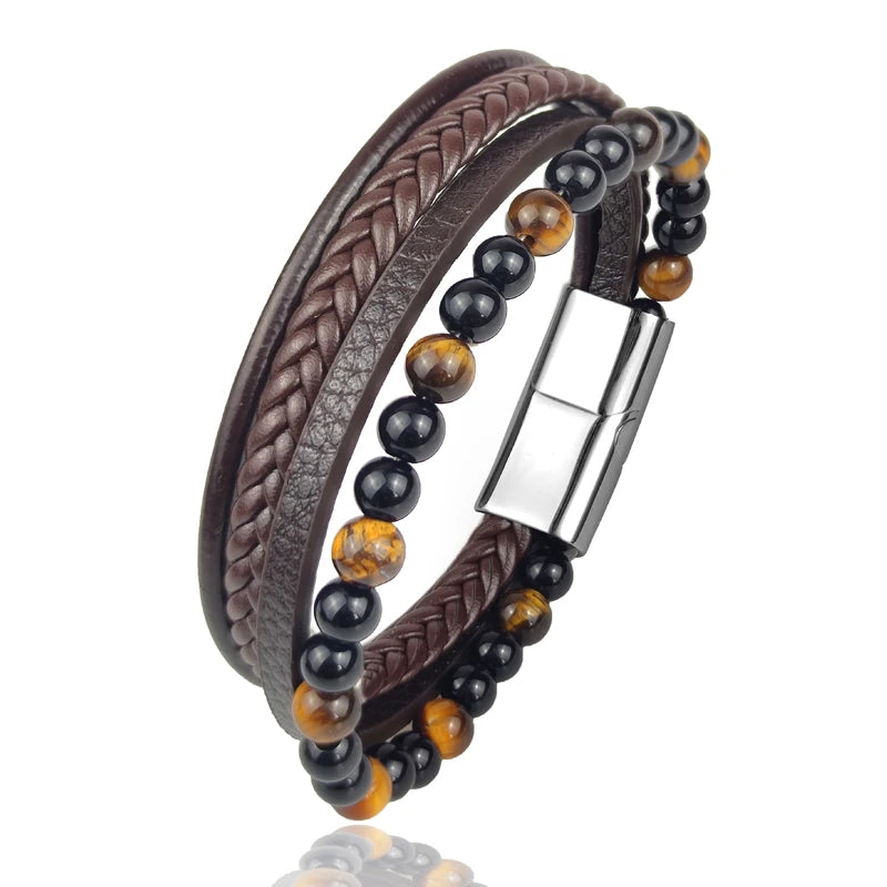 Charm Magnet Clasp Natural Stone Bead Bracelet — Stainless Steel