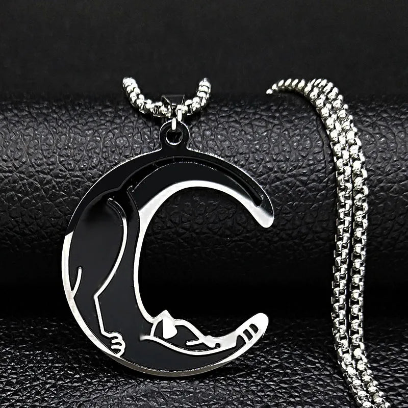 Moon Cat Black Enamel Necklace — Silver