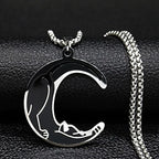Moon Cat Black Enamel Necklace — Silver