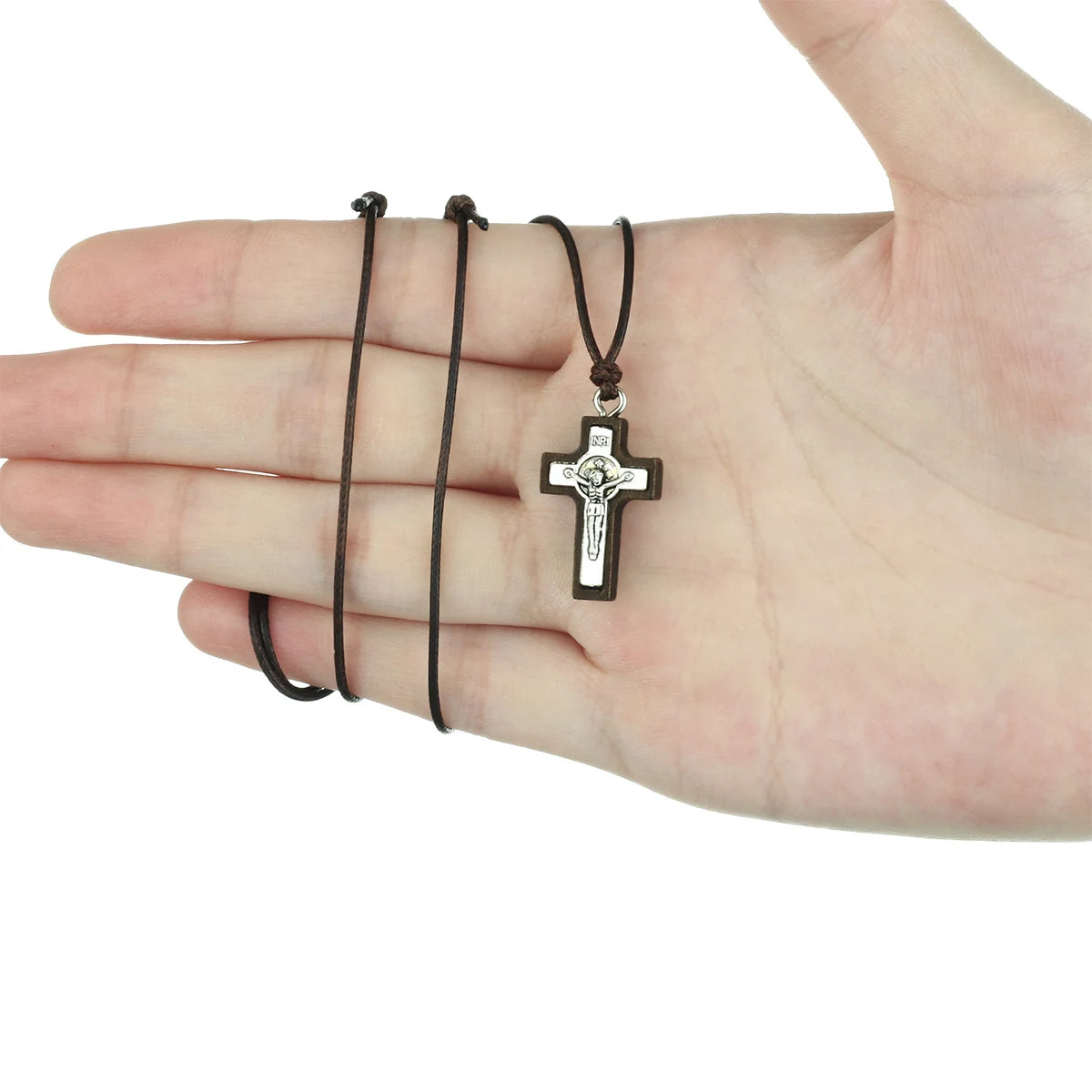 Natural Wood Jesus Crucifix Pendant Necklaces for Men INRI Catholic Cross Necklace Leather Adjustable Rope Chain