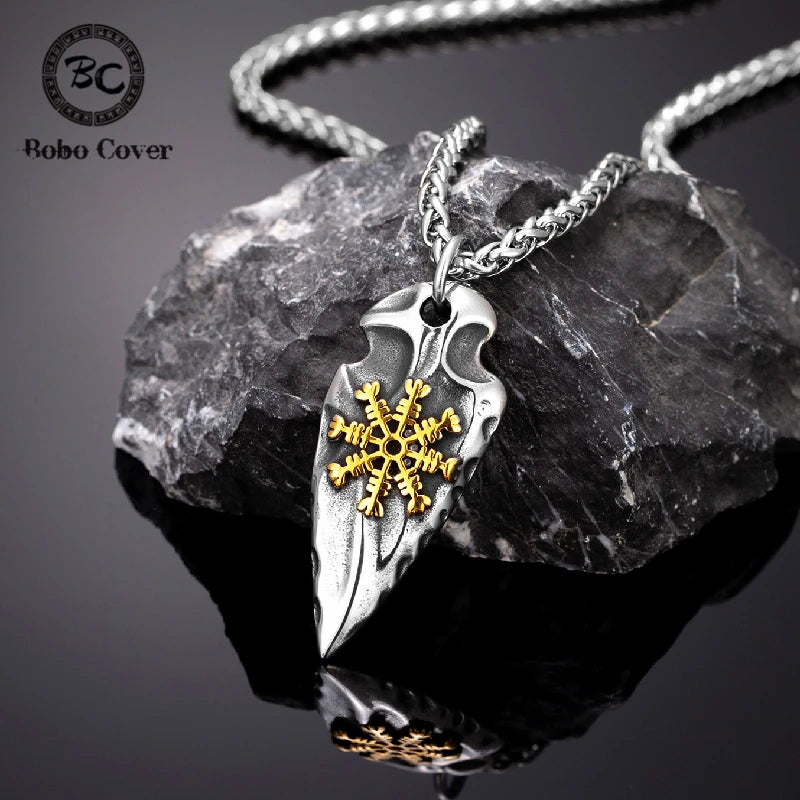 Viking Rune Shield Necklace Men Gold Color Antique Steel Norse Spear Trident Amulet Self-defense Pendant Never Fade
