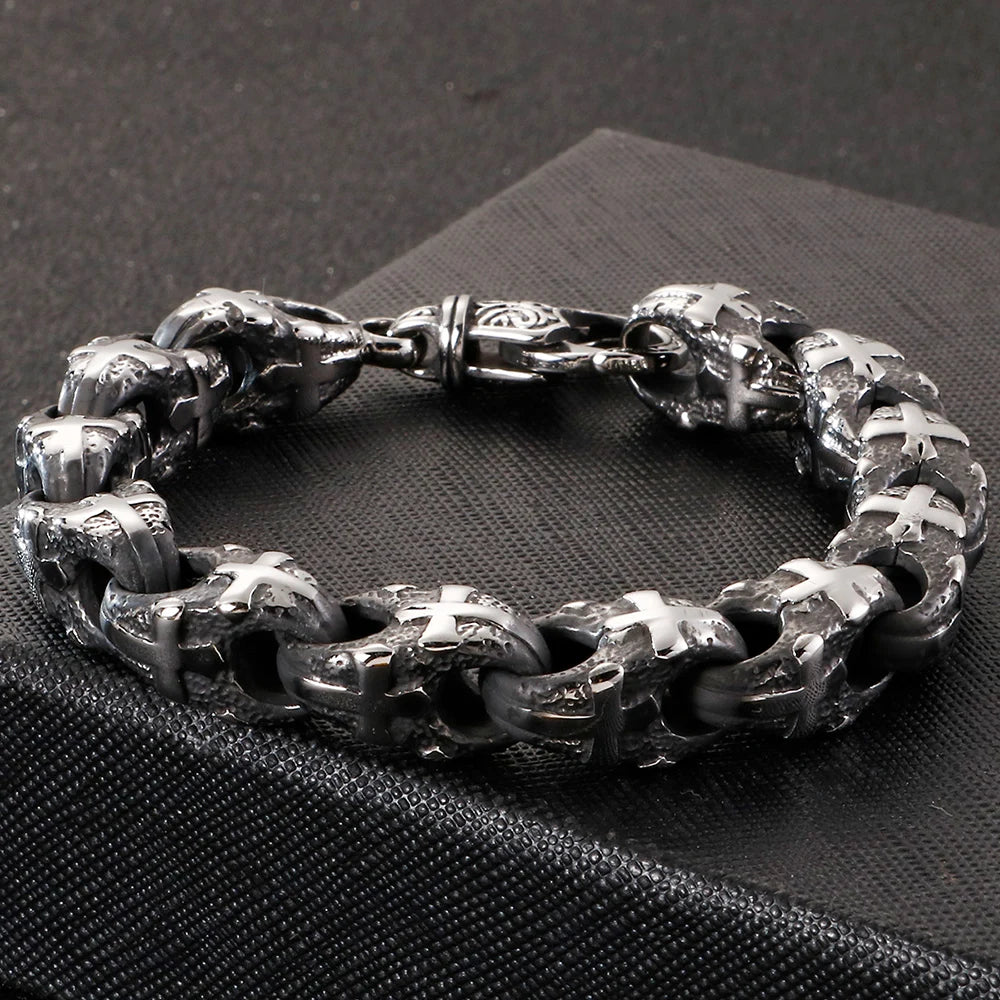 Heavy Stainless Steel Cross Bracelet for Man 23CM Long 13MM Wide Bicycle Chain Men's Bracelets Accessories Vintage