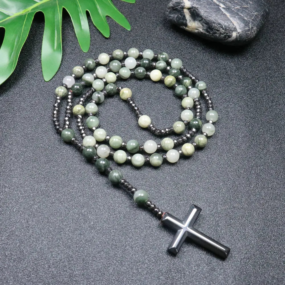 Tiger Eye Black Obsidian Rosary Cross Necklace — Black-Tone, 8mm