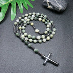 Tiger Eye Black Obsidian Rosary Cross Necklace — Black-Tone, 8mm