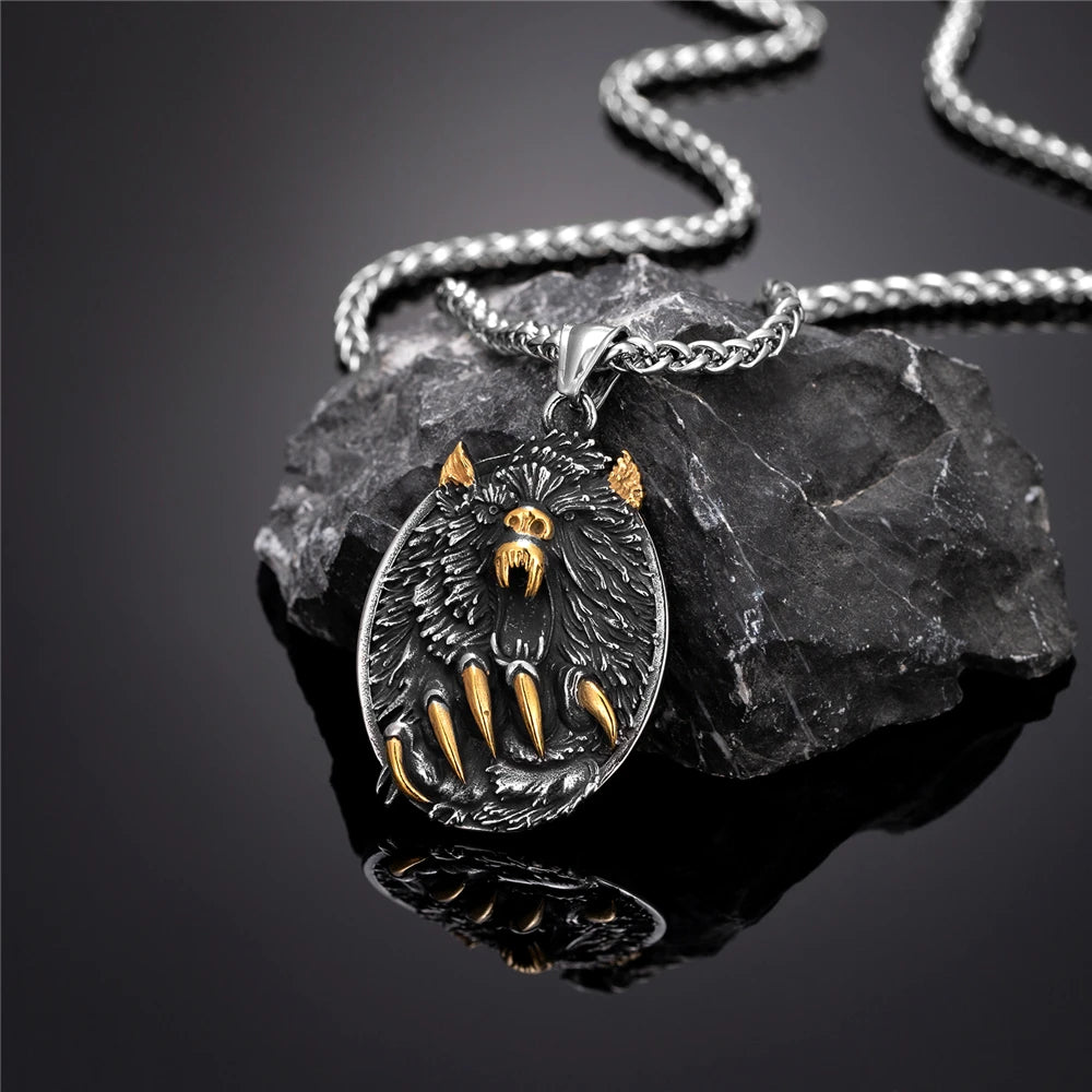 Viking Fenrir Wolf Claw Necklace Odin Norse Rune Gold Color Stainless Steel Pendant Amulet Retro Icelandic Jewelry Gift