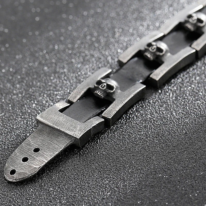 Ghost Skull Head Shaped Men's Leather Bracelets With Belt Buckle Stainless Steel On Hand Bands For Men Male Wristbands