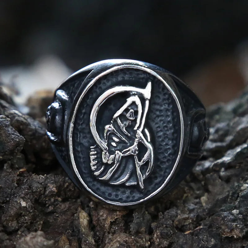 Gothic Death Scythe Skull Signet Ring — Stainless Steel