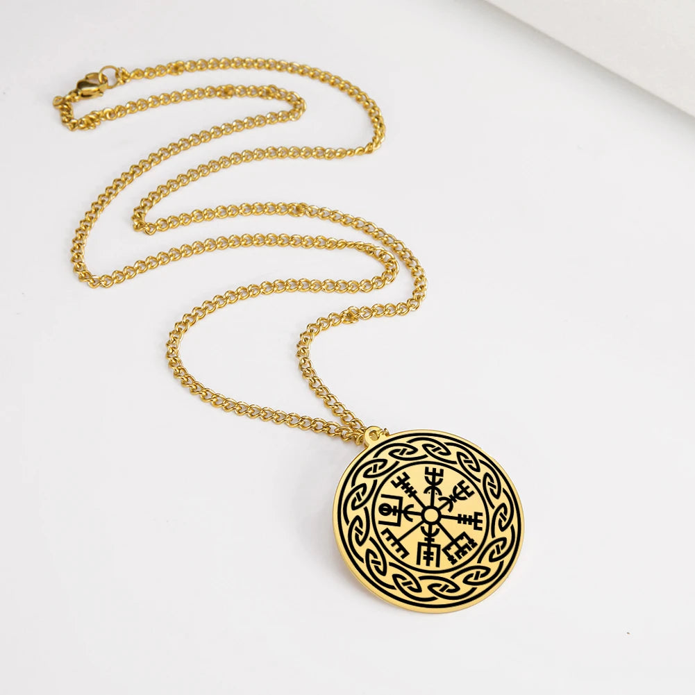 Dawapara Nordic Symbol of Norse Compass In Rune Circle Vegvisir Pendant Necklace Stainless Steel Jewelry Amulet Necklace