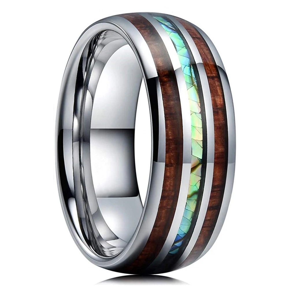 Fashion 8mm Silver Color Men Stainless Steel Ring Inlay Colorful Abalone Shell Rings For Men Women Wedding Band Jewelry Gifts