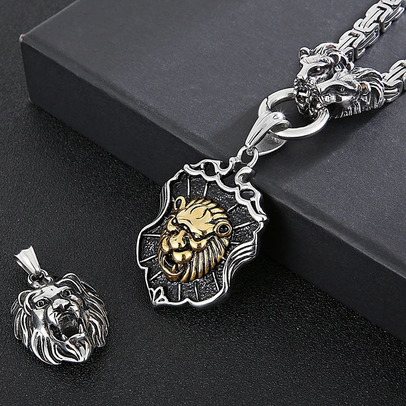 Massive Gothic Lion Head Charm Pendant Necklace For Man Stainless Steel 71CM Long Chain Birthday Jewelry Gifts For
