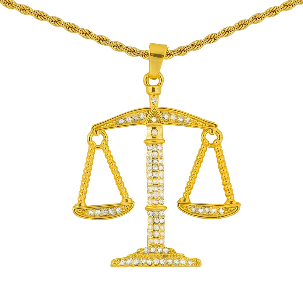 Balance Libra Scale Pendant Bling Rhinestone Crystal Men Hip Hop Necklace Punk Jewelry Street Rock