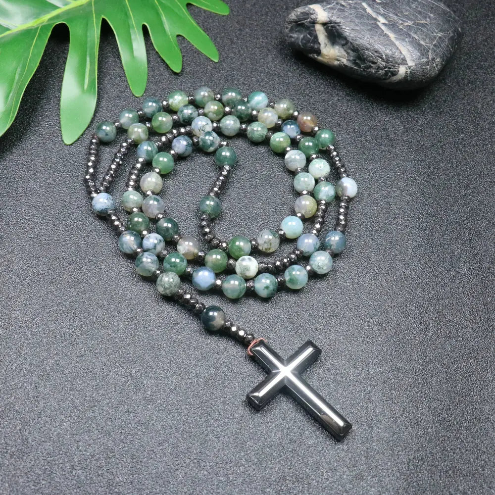 Tiger Eye Black Obsidian Rosary Cross Necklace — Black-Tone, 8mm