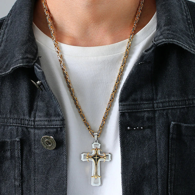 Vnox Cross Necklace For Men Byzantine Gold Color Stainless Steel Chain Catholic Crucifix Pendant Male Punk Rock