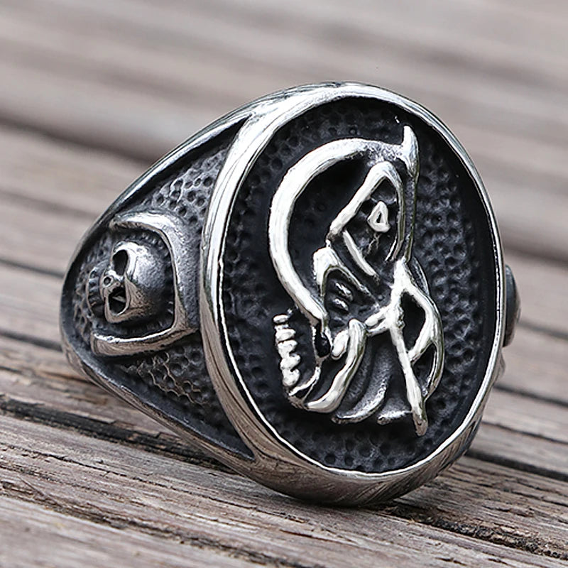Gothic Death Scythe Skull Signet Ring — Stainless Steel